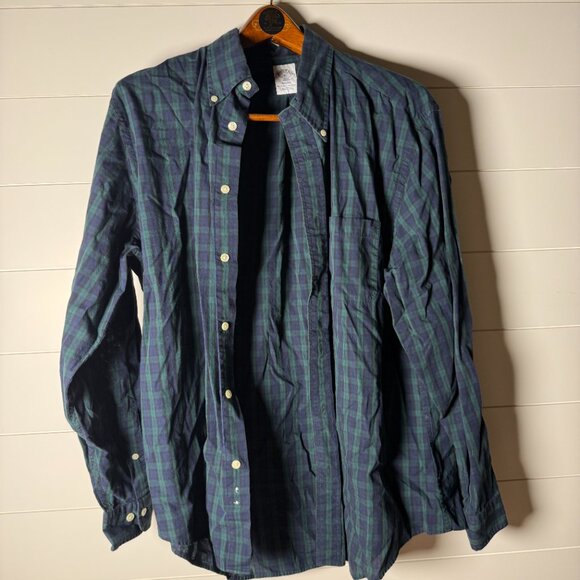 Brooks Brothers 1818 Button Down Long Sleeve Shirt Navy Green Plaid XL - Picture 1 of 8